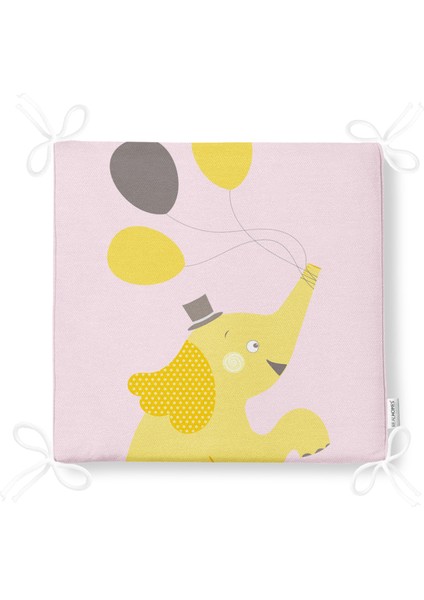 Pembe Zeminde Uçan Balonlar ve Fil Desenli Çocuk Odası Fermuarlı Sandalye Minderi - 40 x 40 cm