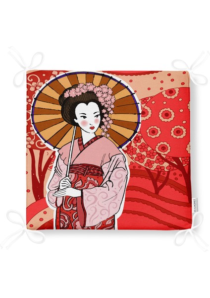Kahverengi Şemsiyeli Japon Bayan Motifli Dijital Baskılı Fermuarlı Sandalye Minderi fırsatları