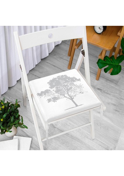 Dekoratif Beyaz Zemimde Gri Ağaç Desenli Fermuarlı Sandalye Minderi modelleri