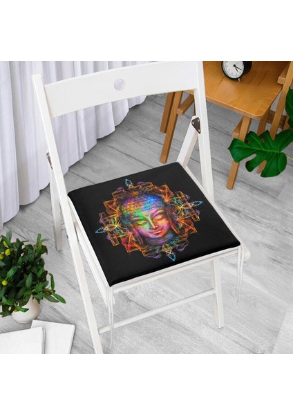 Siyah Zeminde Neon Buda Dekoratif Fermuarlı Sandalye Minderi