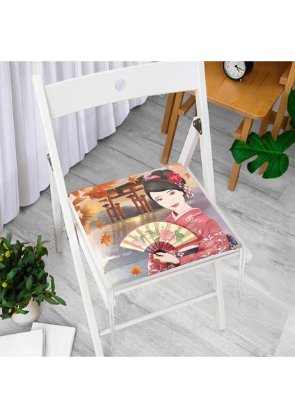 Gül Motifli Yelpaze Tutan Japon Kadın Motifli Dekoratif Fermuarlı Sandalye Minderi modelleri