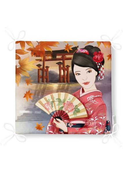 Gül Motifli Yelpaze Tutan Japon Kadın Motifli Dekoratif Fermuarlı Sandalye Minderi fırsatları