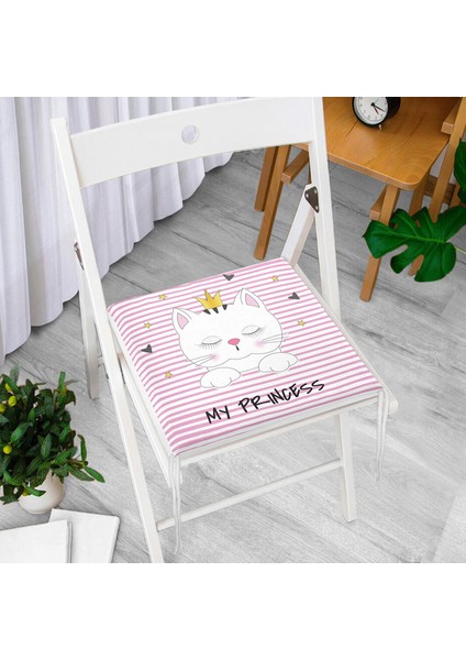 My Princess Pembe Çizgiler Üzerinde Taçlı Kedicik Fermuarlı Sandalye Minderi modelleri