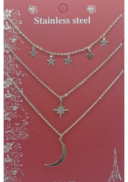 Gümüş Renk Kutup Yıldızı ve Hilal Figürlü Çok Katmanlı Kombin Kolye 960 fiyatları