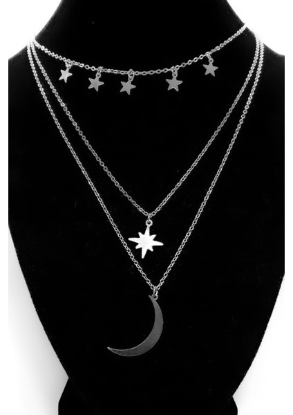 Gümüş Renk Kutup Yıldızı ve Hilal Figürlü Çok Katmanlı Kombin Kolye 960 modelleri