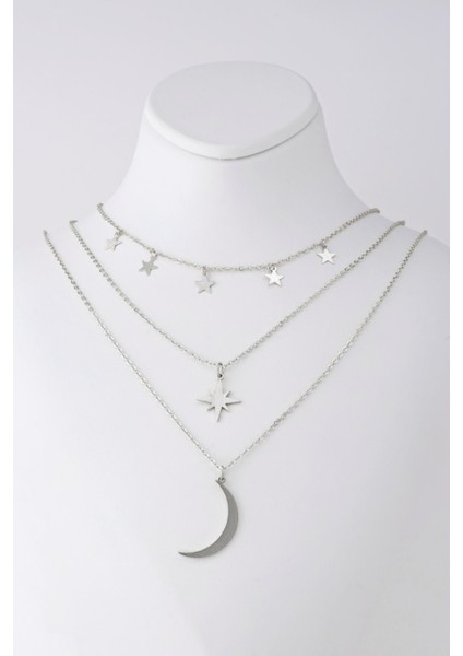 Gümüş Renk Kutup Yıldızı ve Hilal Figürlü Çok Katmanlı Kombin Kolye 960 fırsatları