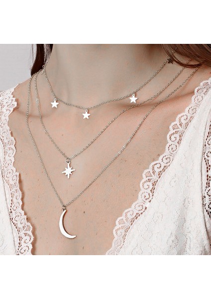 Gümüş Renk Kutup Yıldızı ve Hilal Figürlü Çok Katmanlı Kombin Kolye 960 indirimleri