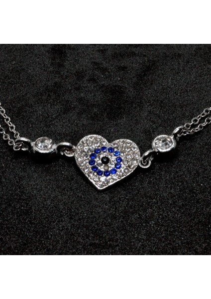 Gümüş Renk Kalp Göz Nazar Figürlü Çift Zincirli Bileklik 874