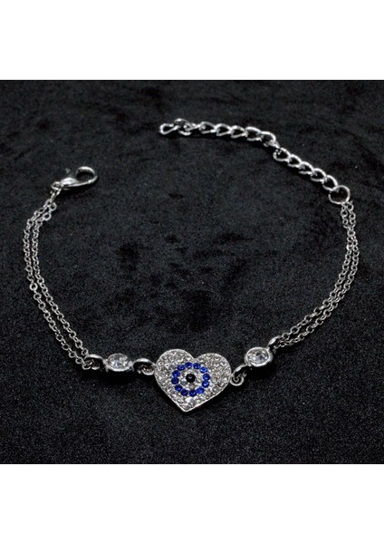 Gümüş Renk Kalp Göz Nazar Figürlü Çift Zincirli Bileklik 874 fırsatları