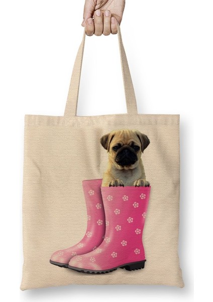 Botlu Pug Botlu Köpek Bez Çanta Uzun Saplı