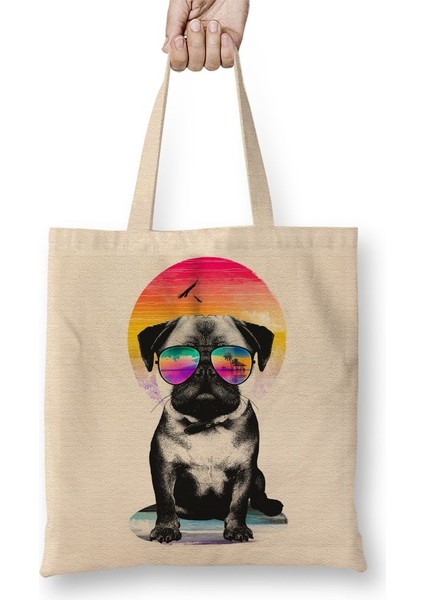 Summer Pug Gözlüklü Pug Köpek Bez Çanta Uzun Saplı