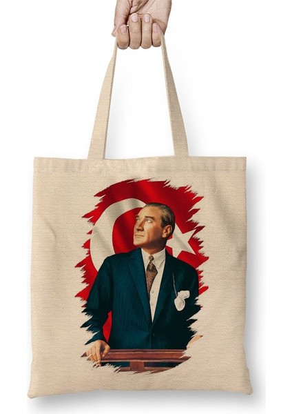 Mustafa Kemal Atatürk 3 Bez Çanta Uzun Saplı
