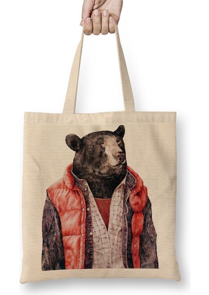 Retgo Klasik Ayı Bez Çanta Uzun Saplı