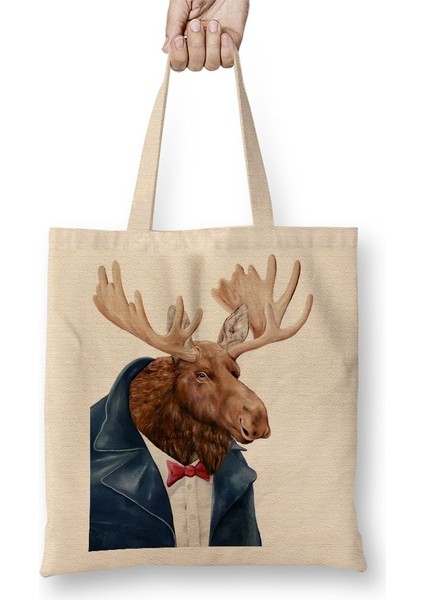 Şişman Süslü Geyik Bez Çanta Uzun Saplı