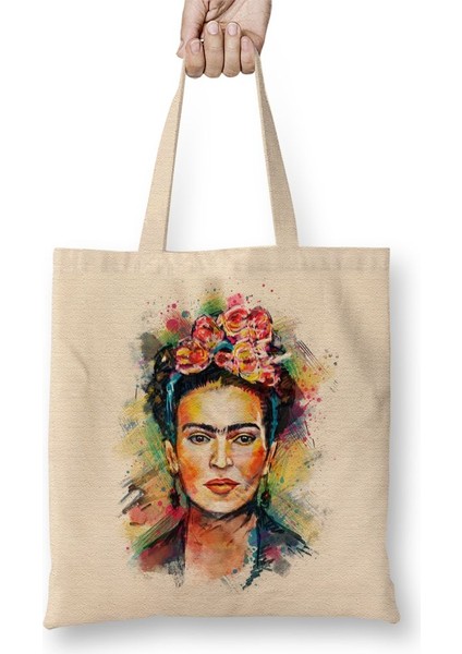 Frida Kahlo Renkli Çiçekli Bez Çanta Uzun Saplı