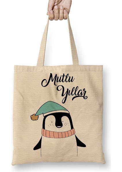 Sevimli Penguen Ile Mutlu Yıllar Bez Çanta Uzun Saplı
