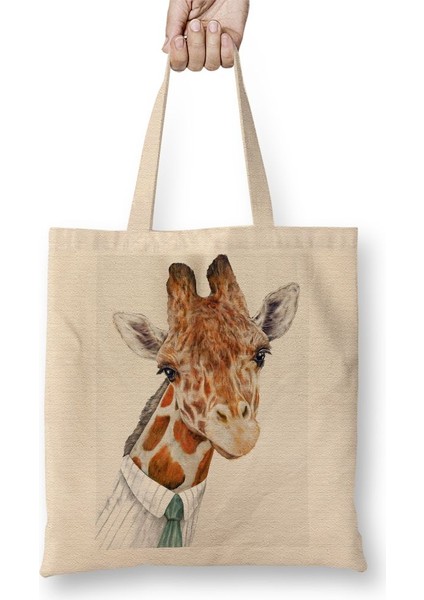 Uzun Zürafa Grafiği Bez Çanta Uzun Saplı