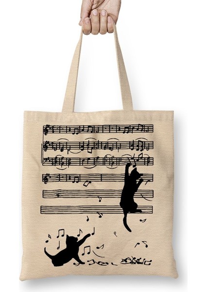 Yaramaz Komik Müzik Notalı Kedi Cat Bez Çanta Uzun Saplı