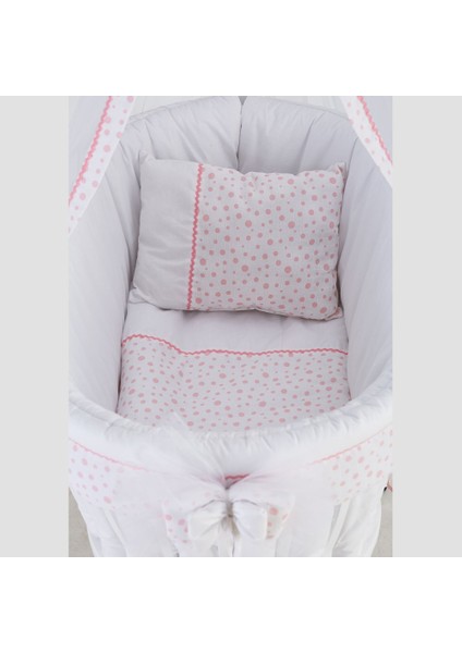 Sepet Beşik Için 6 Parça Puantiyeli Pembe Beyaz Giydirme Kumaş Uyku Seti Takımı -Beşik Hariç