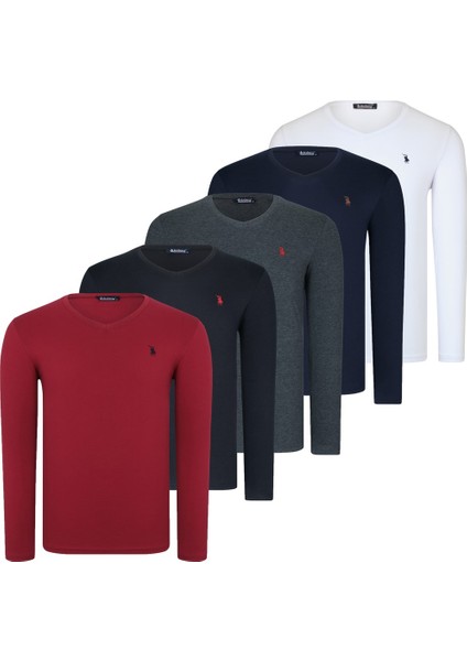 Beşli Set T8587 Dewberry V Yaka Erkek Sweatshirt-Siyah-Lacivert-Beyaz-Bordo-Antrasit