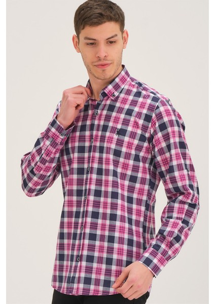 G743 Dewberry Erkek Gömlek-Lacivert-Pembe modelleri