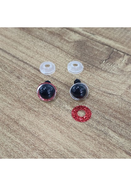 Amigurumi Vidalı Renkli Simli Göz -Kırmızı - 12 mm - 10 Adet (5 Çift) Kilitli Göz
