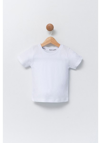 Çocuk Beyaz Bisiklet Yaka Basic T-Shirt %100 Pamuk