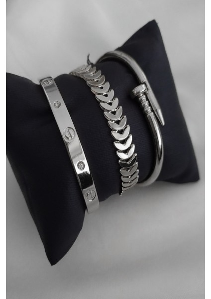 Kombin Kadın Gümüş Kaplama Taşlı Kartier Model Kılçık ve Çivi Model Kombin Bileklik - 958