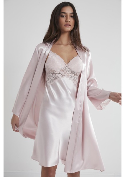 Saten Dantelli Gecelik & Sabahlık Takım 4050 Pudra