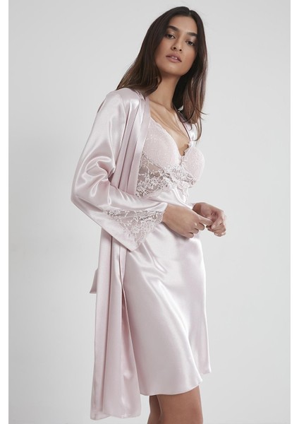 Saten Dantelli Gecelik & Sabahlık Takım 4050 Pudra indirimleri