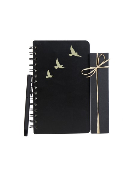 Kuş Tasarımlı Siyah Defter-Kalem Seti