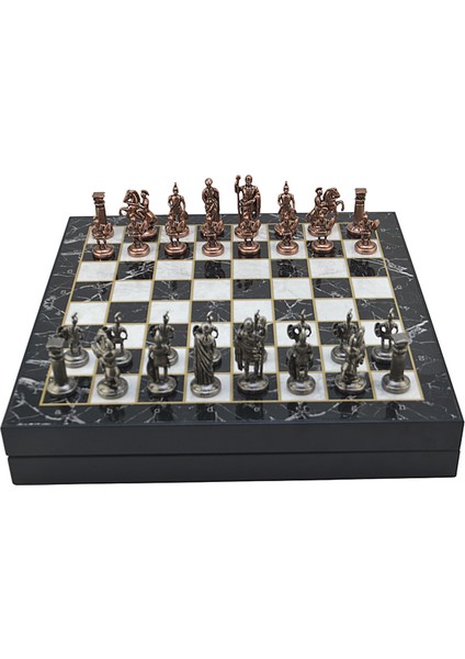 Gifthome Orta Boy Metal Roma Satranç Takımı Antik ve Mermer Desenli Sandıklı Mdf Tahtası (36X36X6 Cm.)
