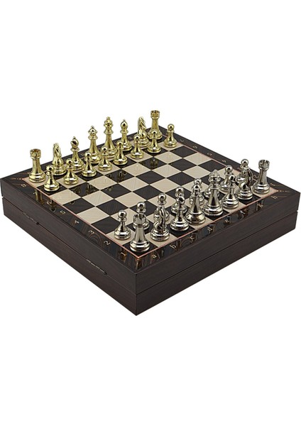 Gifthome Büyük Boy Metal Klasik Satranç Tk. Parlak ve Ceviz Desenli Sandıklı Mdf TAHTASI(36X36 Cm.)