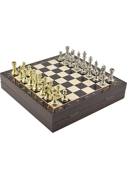 Gifthome Büyük Boy Metal Klasik Satranç Tk. Parlak ve Ceviz Desenli Sandıklı Mdf TAHTASI(36X36 Cm.)