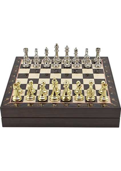 Gifthome Büyük Boy Metal Klasik Satranç Tk. Parlak ve Ceviz Desenli Sandıklı Mdf TAHTASI(36X36 Cm.)