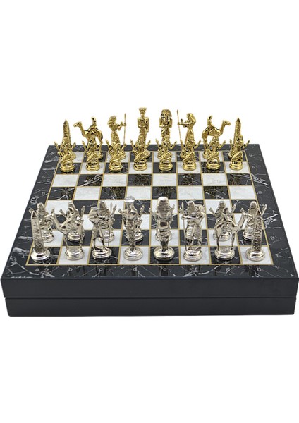 Gifthome Büyük Boy Metal Mısır Satranç Tk. Parlak ve Mermer Desenli Sandıklı Mdf TAHTASI(36X36X6 Cm.)