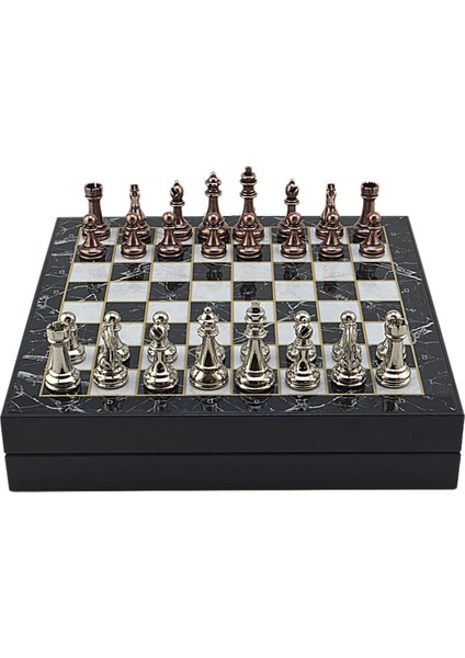 Gifthome Büyük Boy Metal Klasik Satranç Tk. Antik ve Mermer Desenli Sandıklı Mdf TAHTASI(36X36 Cm.)
