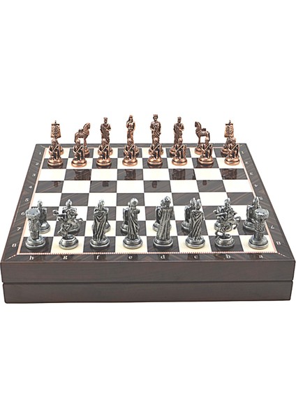 Gifthome Orta Boy Metal Truva-Sparta Satranç Takımı Antik ve Ceviz Desenli Sandıklı Mdf Tahtası (36X36X6 Cm.)