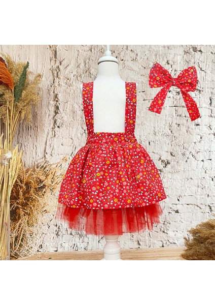 Kız Çocuk Elbise Bandana Takım Kırmızı Çiçekli 1-8 Yaş