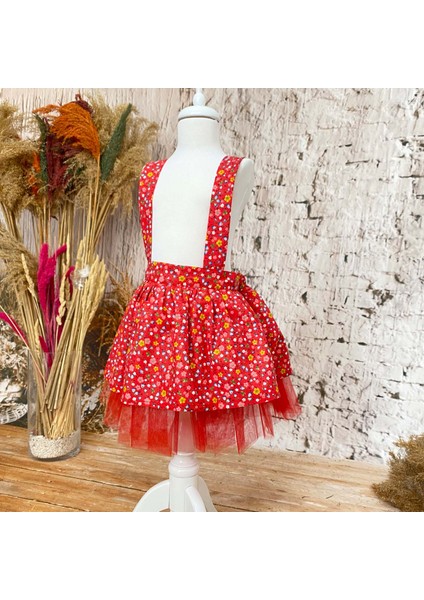 Kız Çocuk Elbise Bandana Takım Kırmızı Çiçekli 1-8 Yaş