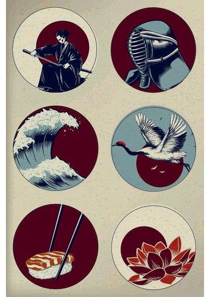 Uzak Doğu Yuvarlak Sticker (4x4 cm 24 Adet)