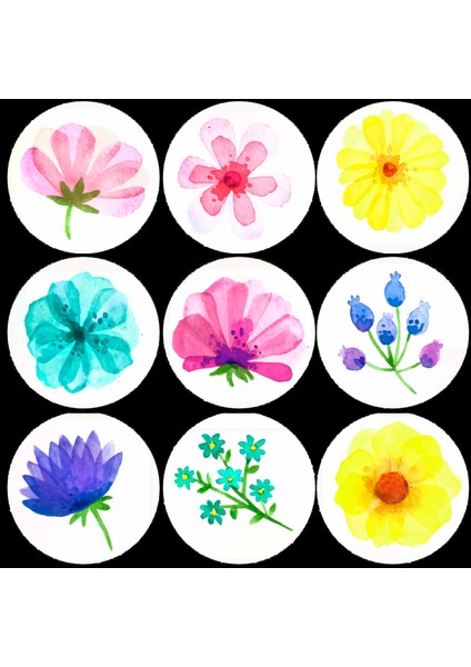 Çiçekli Yuvarlak Sticker (4x4 Cm)