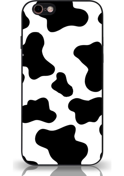 Apple iPhone 6s Plus Kapak Kamera Korumalı Cam Kılıf - Siyah Inek Desenli