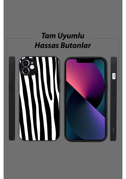 Apple iPhone 11 Pro Max Kapak Kamera Korumalı Cam Kılıf - Siyah Zebra Desenli