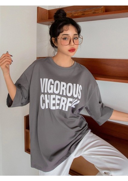Kadın Oversize Füme Vigorous Cheerful Baskılı T-Shirt