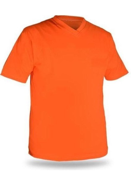 T-Shirt V Yaka Kısakol %100 Pamuk Cepli Turuncu