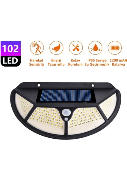 Solar 102 Ledli Oval 3 Modlu Güneş Enerjili Bahçe Aydınlatması Lamba Hareket Sensörlü