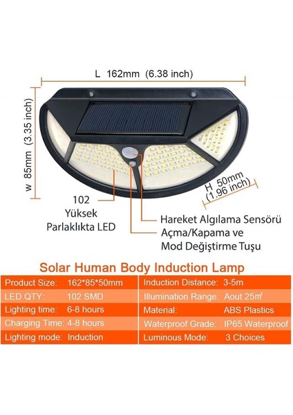 Solar 102 Ledli Oval 3 Modlu Güneş Enerjili Bahçe Aydınlatması Lamba Hareket Sensörlü