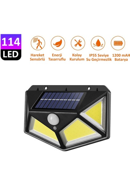 114 Ledli 3 Modlu Cob Solar Güneş Enerjili Bahçe Aydınlatması Hareket Sensörlü LED Lamba