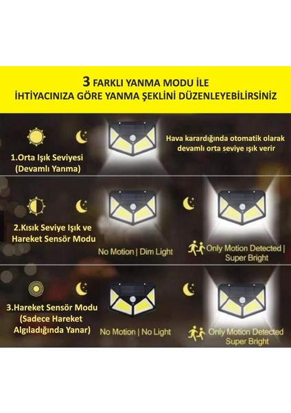 114 Ledli 3 Modlu Cob Solar Güneş Enerjili Bahçe Aydınlatması Hareket Sensörlü LED Lamba